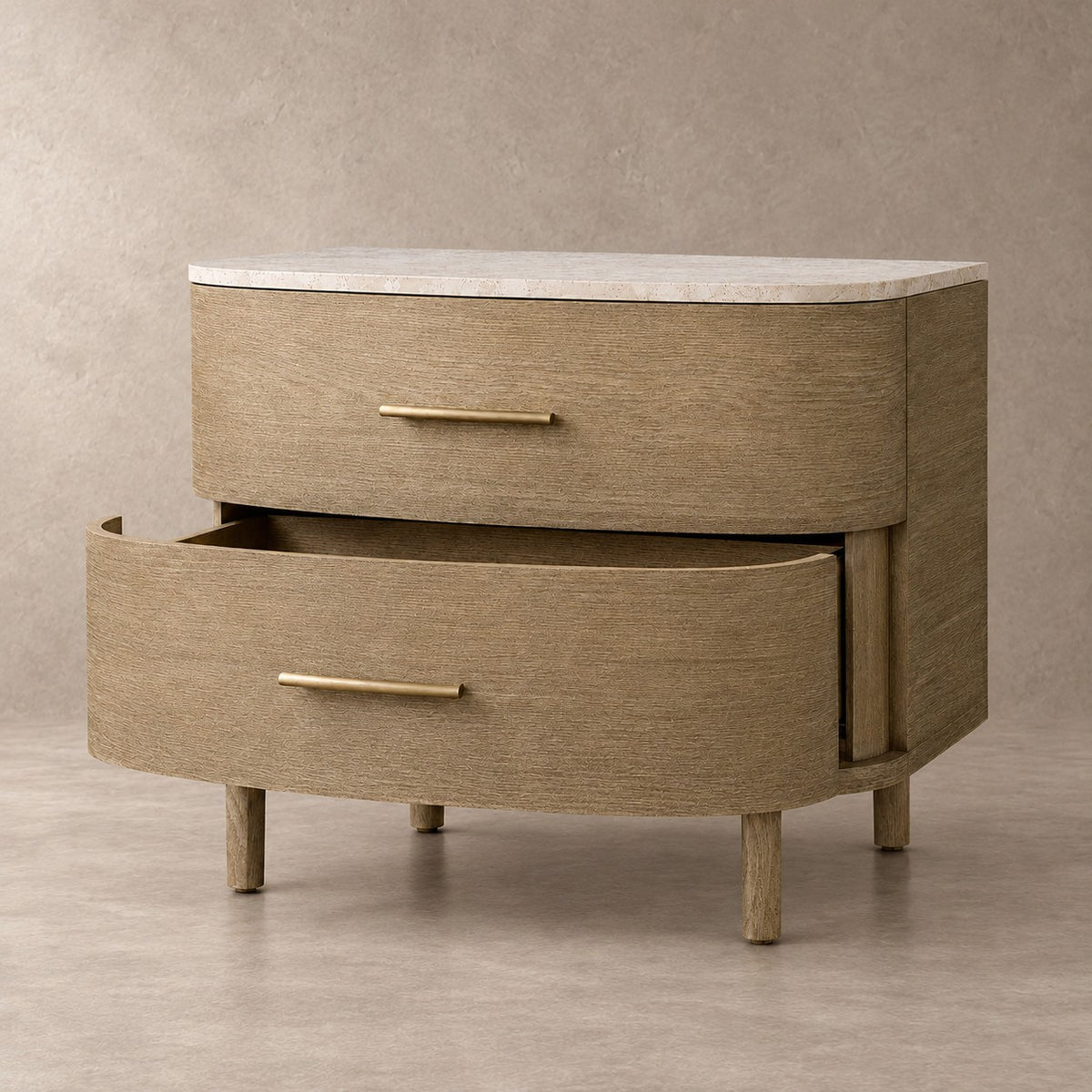 Two-Drawer Marble Top Bedside Table With Brass Pulls