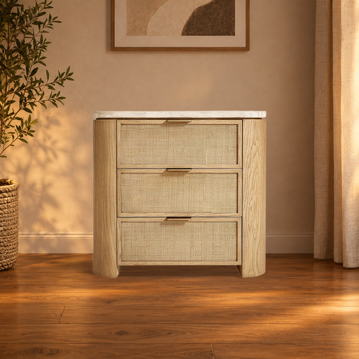 Travertine Top Oak Bedside Table