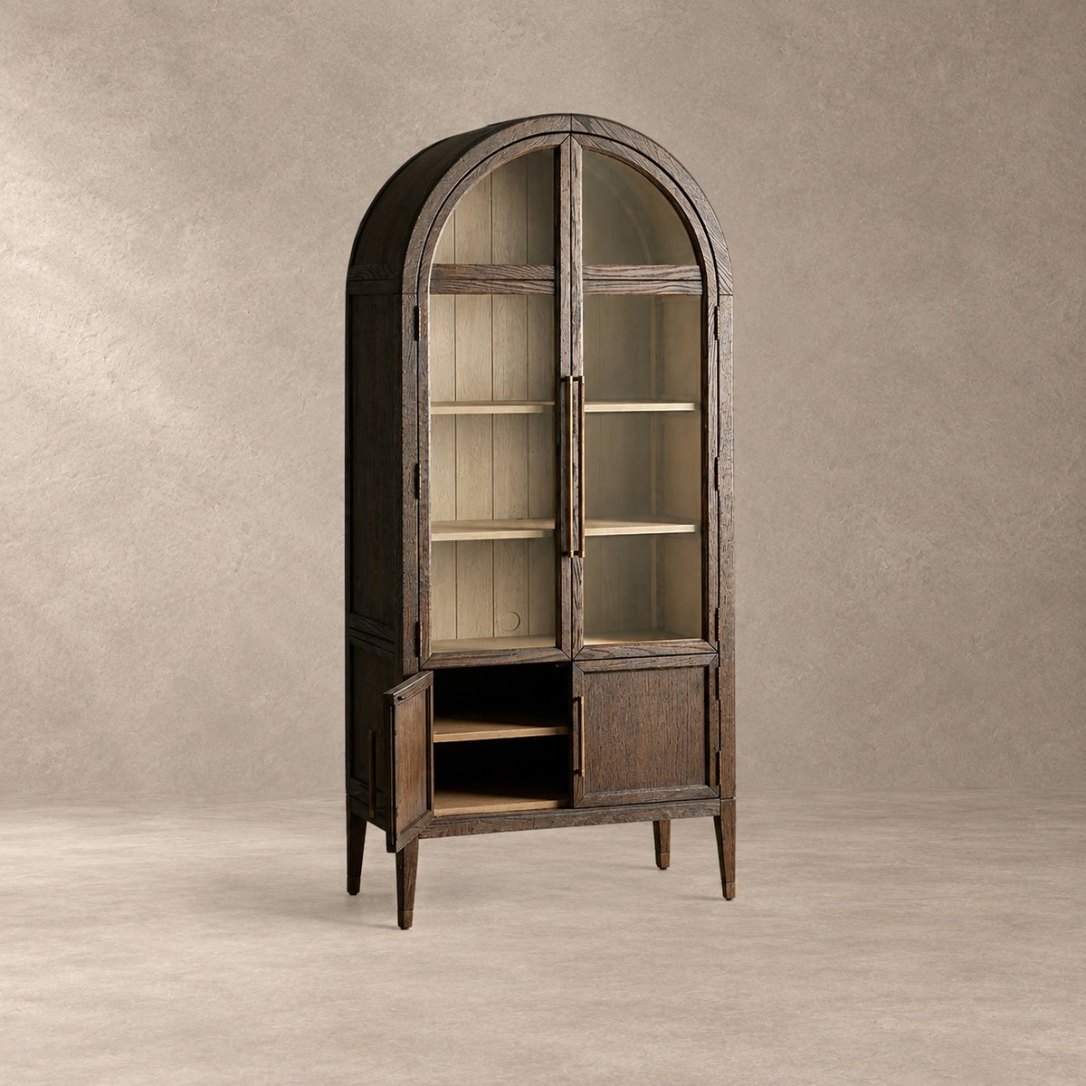 Tall Oak Display Cabinet with Glass Doors