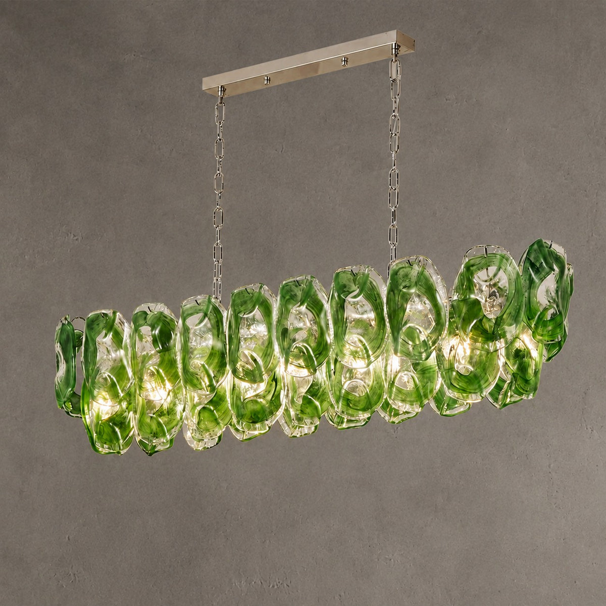 Chandelier Sculptural Green Glass Linear Style