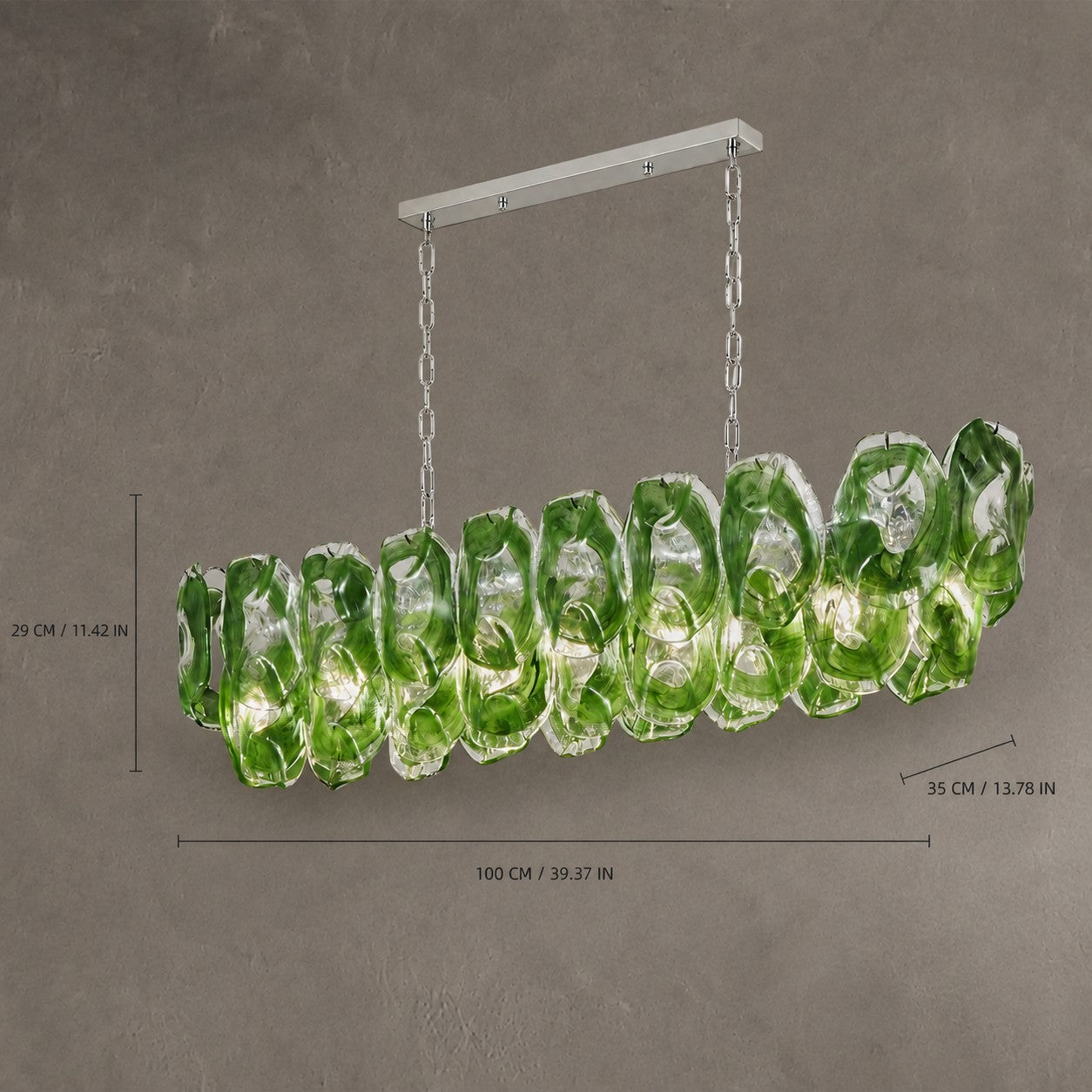 Chandelier Sculptural Green Glass Linear Style