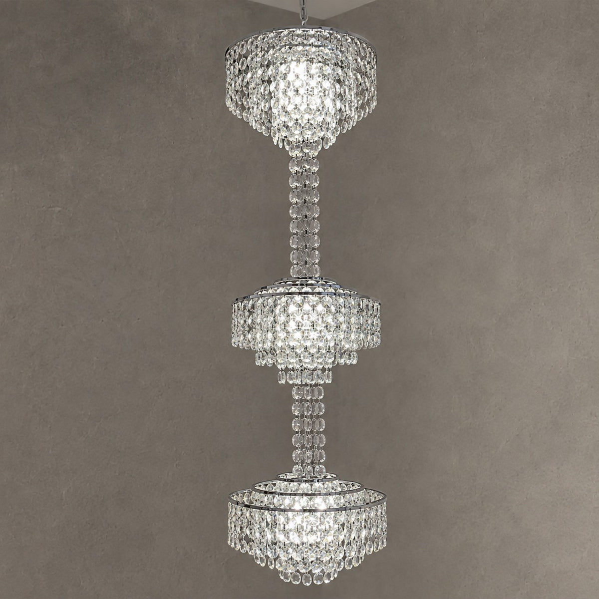 Modern French Elegant Oversized 3-tiered Silver Seashells Long Crystal Chandelier for Staircase