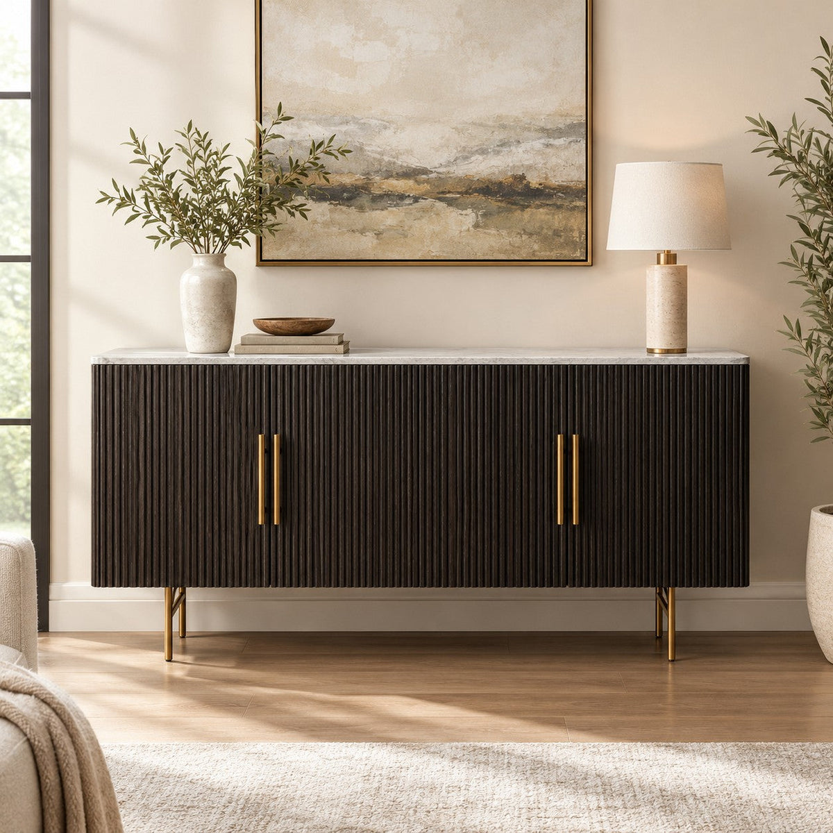 Reeded Wood and Stone Top Credenza