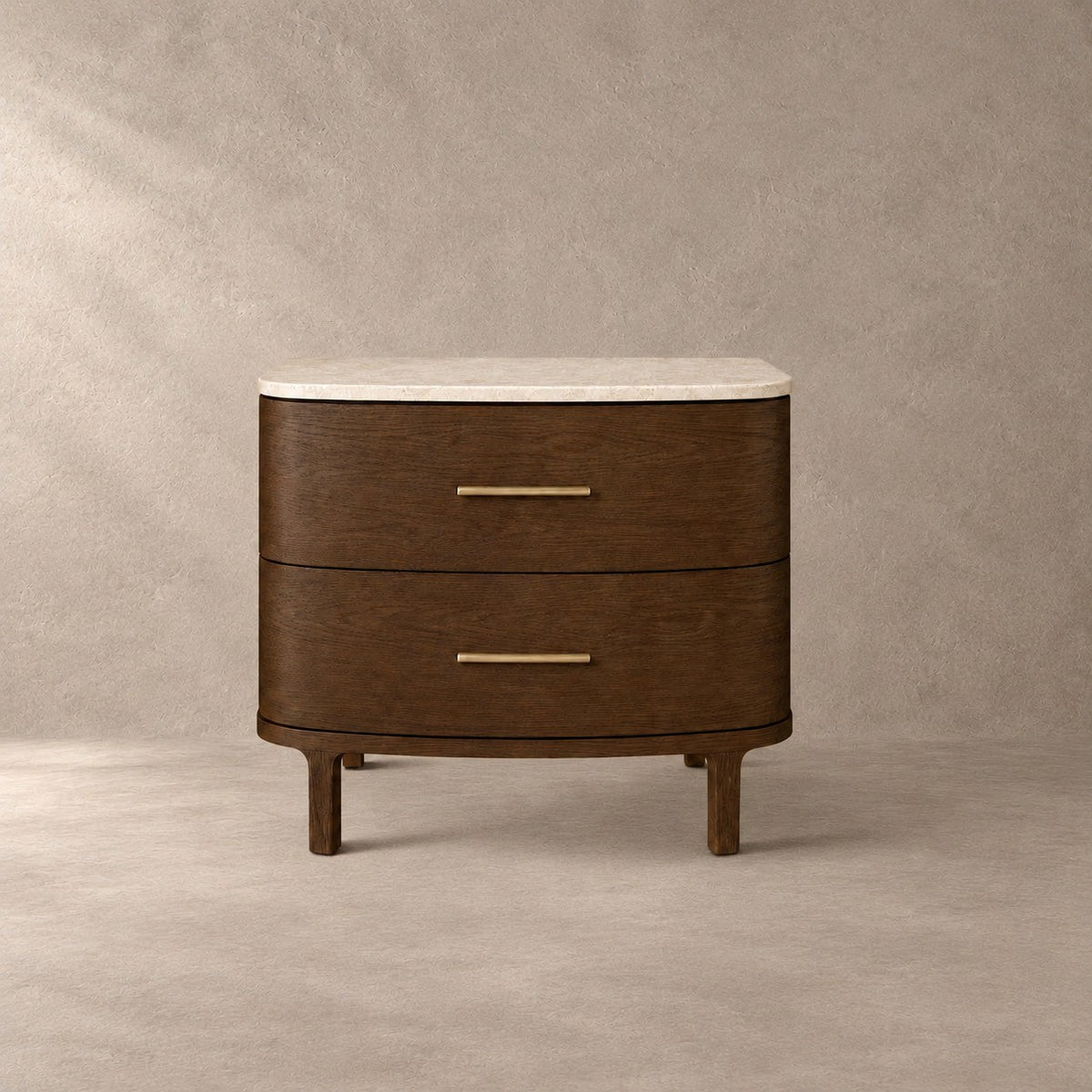 Two-Drawer Marble Top Bedside Table With Brass Pulls