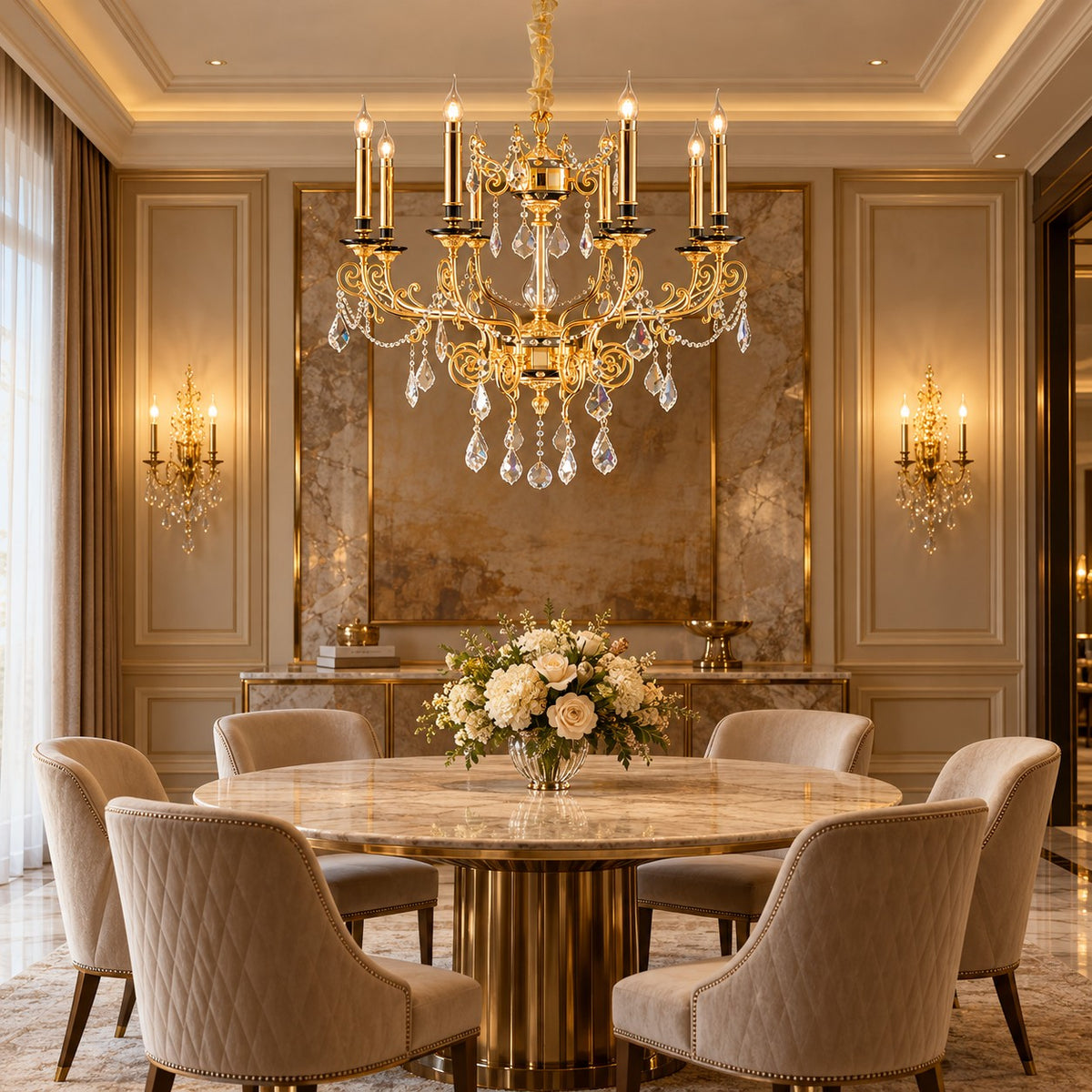 Baroque Silver/24K Gold Color Candle Light Crystal Chandelier