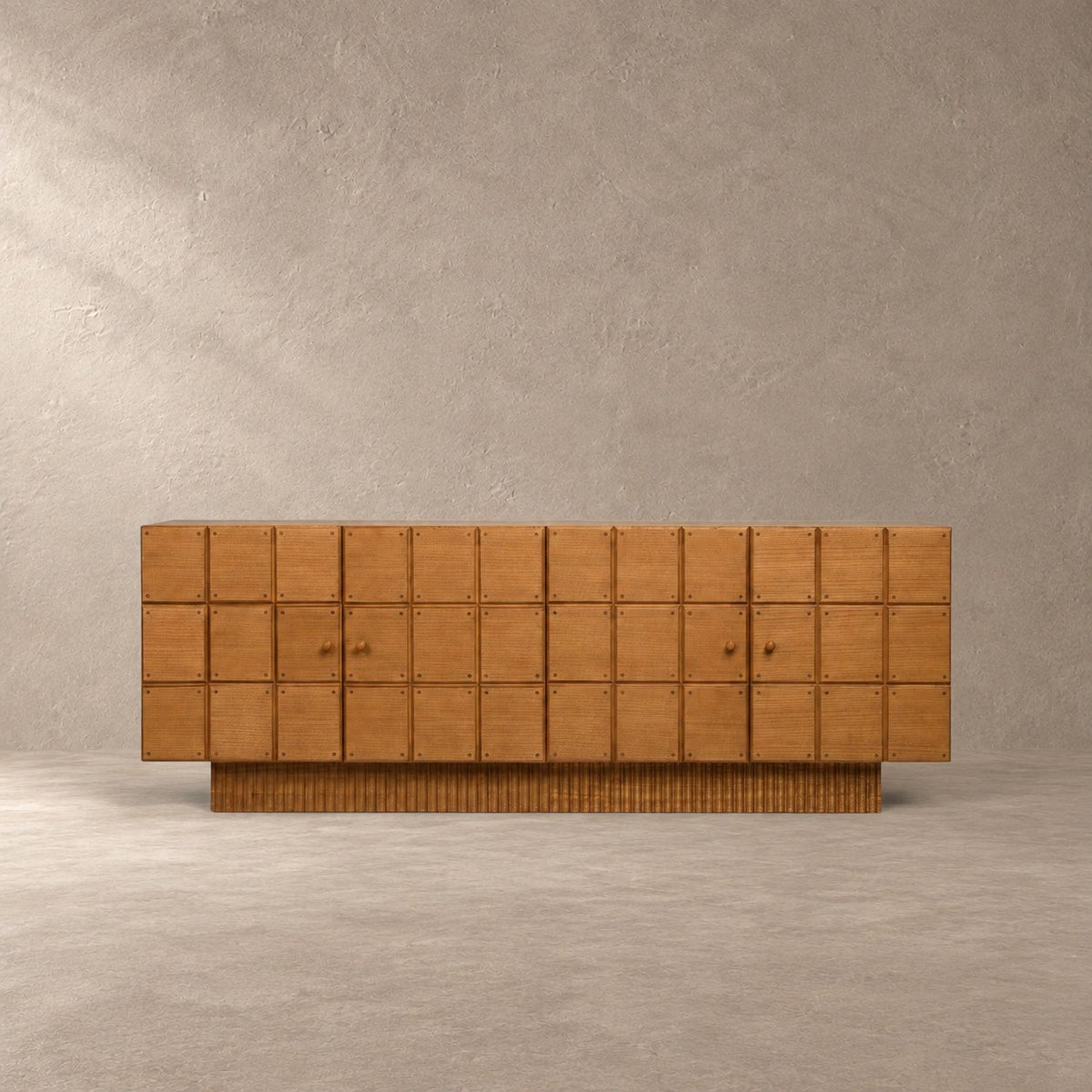 Artisanal Wood Storage Console with Fluted Geometric Plinth