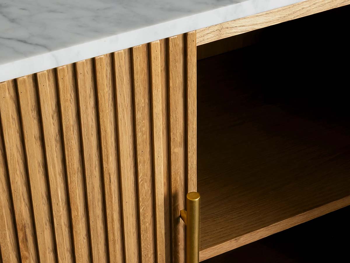 Reeded Wood and Stone Top Credenza