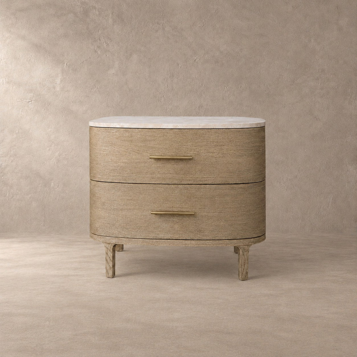 Two-Drawer Marble Top Bedside Table With Brass Pulls