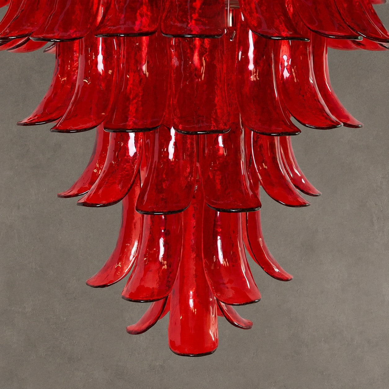 Chandelier Glass Crimson Cascade Hand-Blown Murano-Style Seven-Tier Chrome