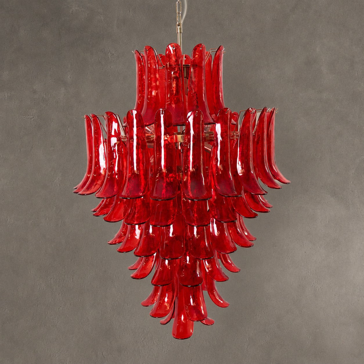 Chandelier Glass Crimson Cascade Hand-Blown Murano-Style Seven-Tier Chrome