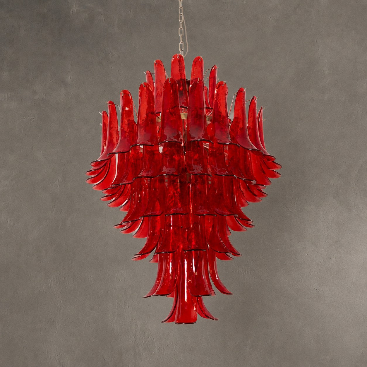 Chandelier Glass Crimson Cascade Hand-Blown Murano-Style Seven-Tier Chrome