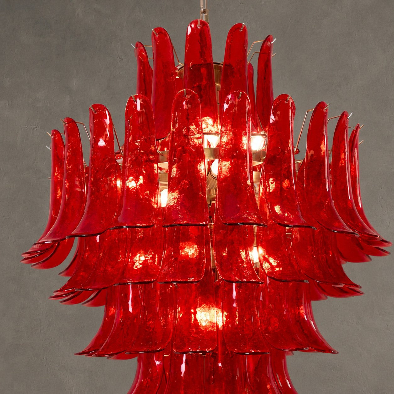Chandelier Glass Crimson Cascade Hand-Blown Murano-Style Seven-Tier Chrome