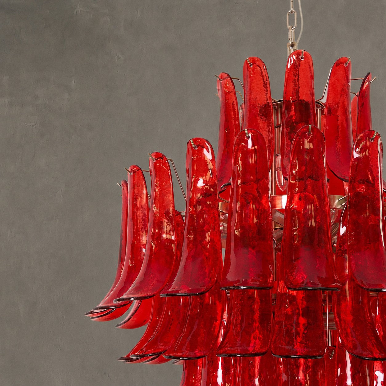 Chandelier Glass Crimson Cascade Hand-Blown Murano-Style Seven-Tier Chrome