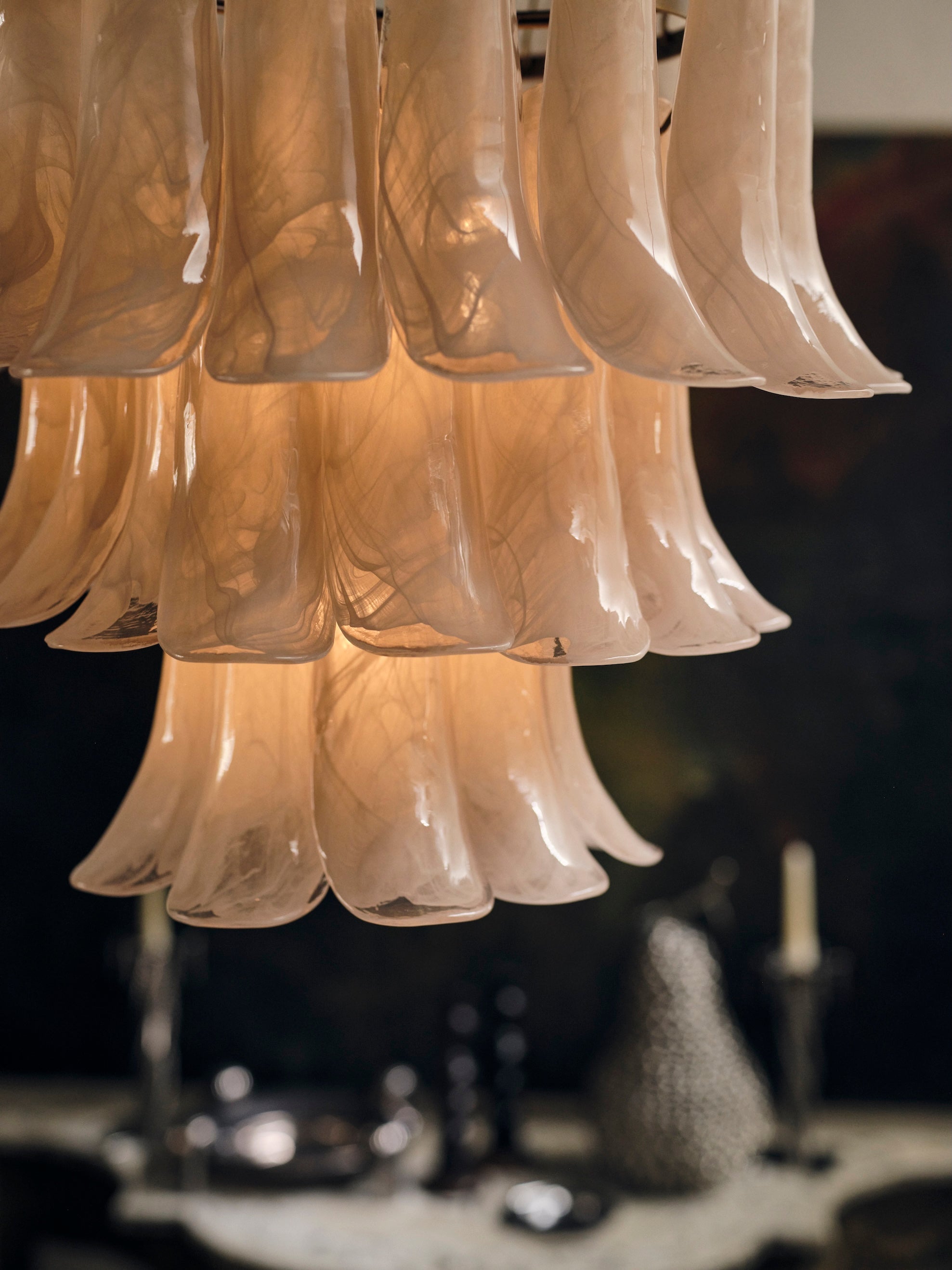 Lonso Taupe Mid-Century Brass & Glass Chandelier – Vintage Glam