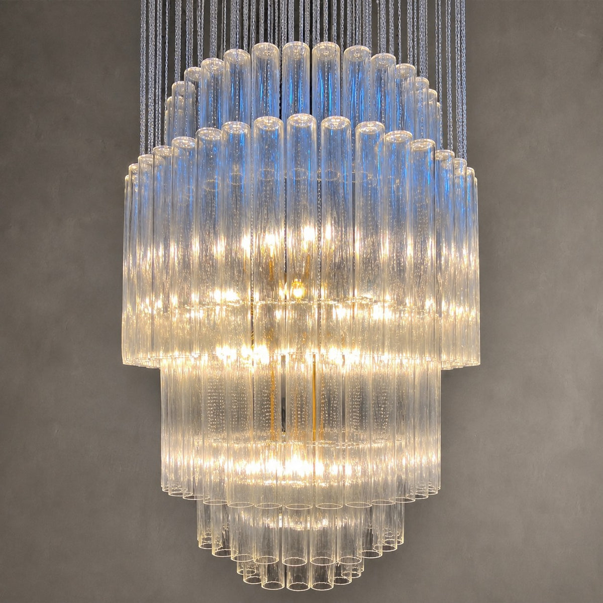Luxury Floating Cascade Clear Glass Tube Chandelier for High Ceilings
