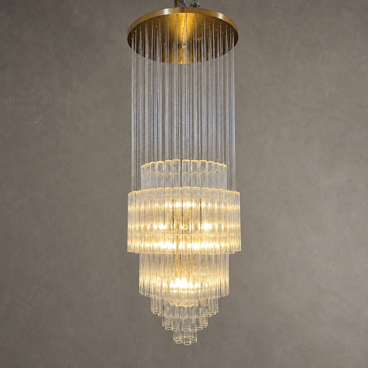 Luxury Floating Cascade Clear Glass Tube Chandelier for High Ceilings