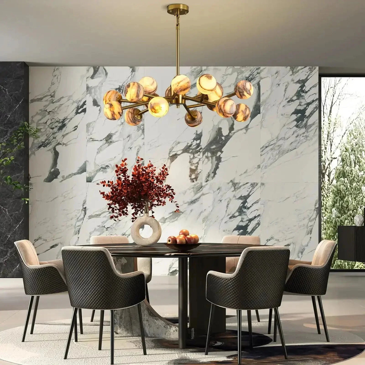 Mid Century Modern Sputnik 12 Light Gold Alabaster Globe Chandelier