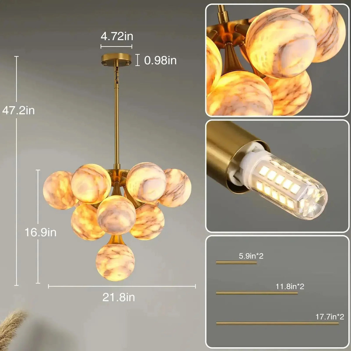 Mid Century Modern Sputnik 12 Light Gold Alabaster Globe Chandelier