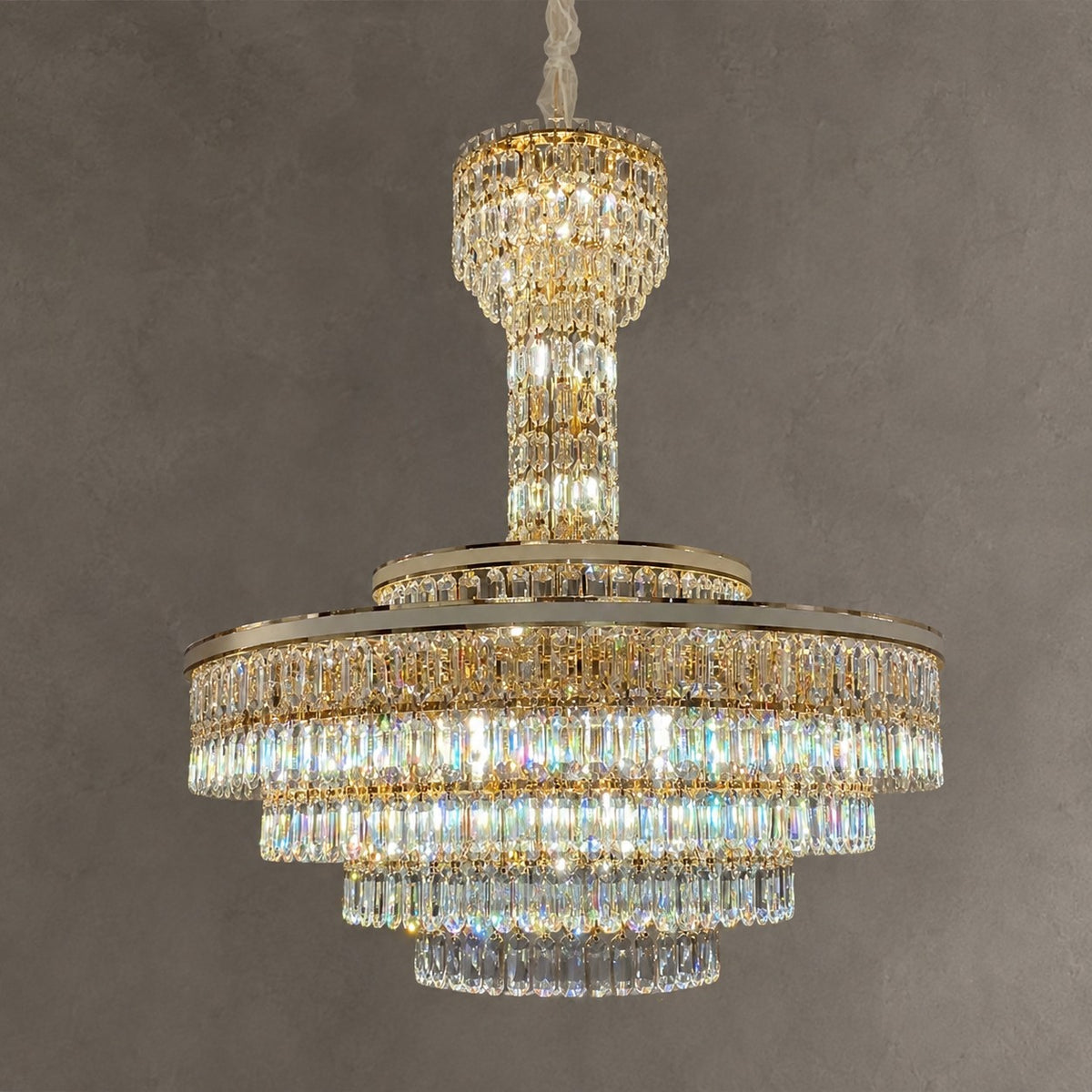 Modern Multi-tier Round Crystal Chandelier with White Leather for Foyer/Living Room/Staircase