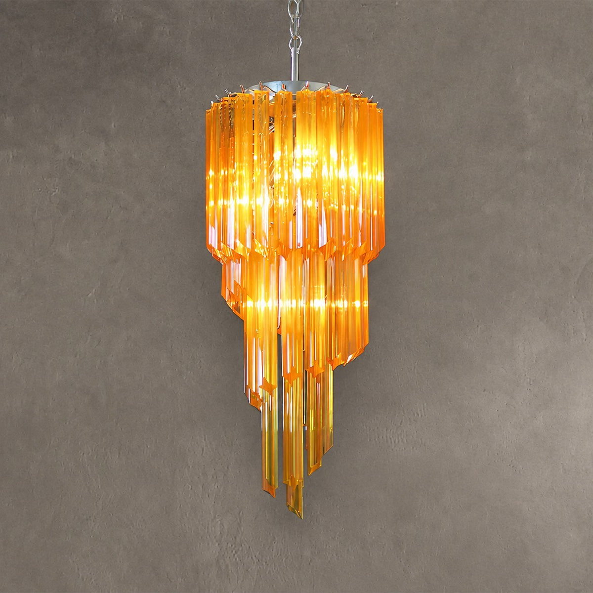 Chandelier Spiral Prism Glass Hand-Cut Faceted Prisms Nickel Frame Pink Amber