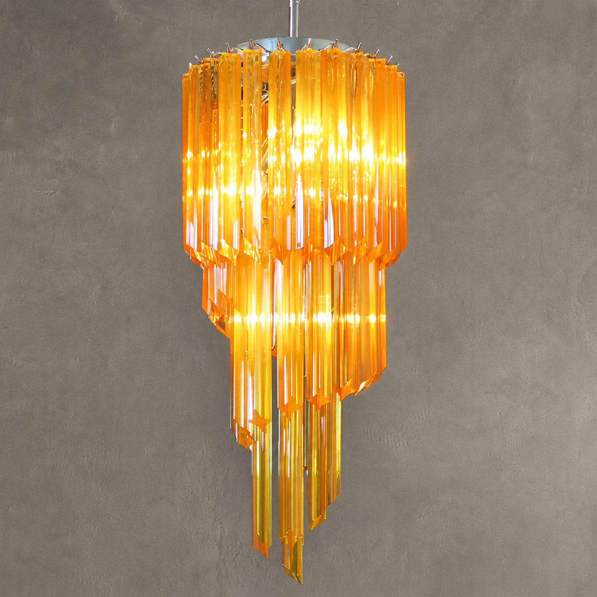 Chandelier Spiral Prism Glass Hand-Cut Faceted Prisms Nickel Frame Pink Amber