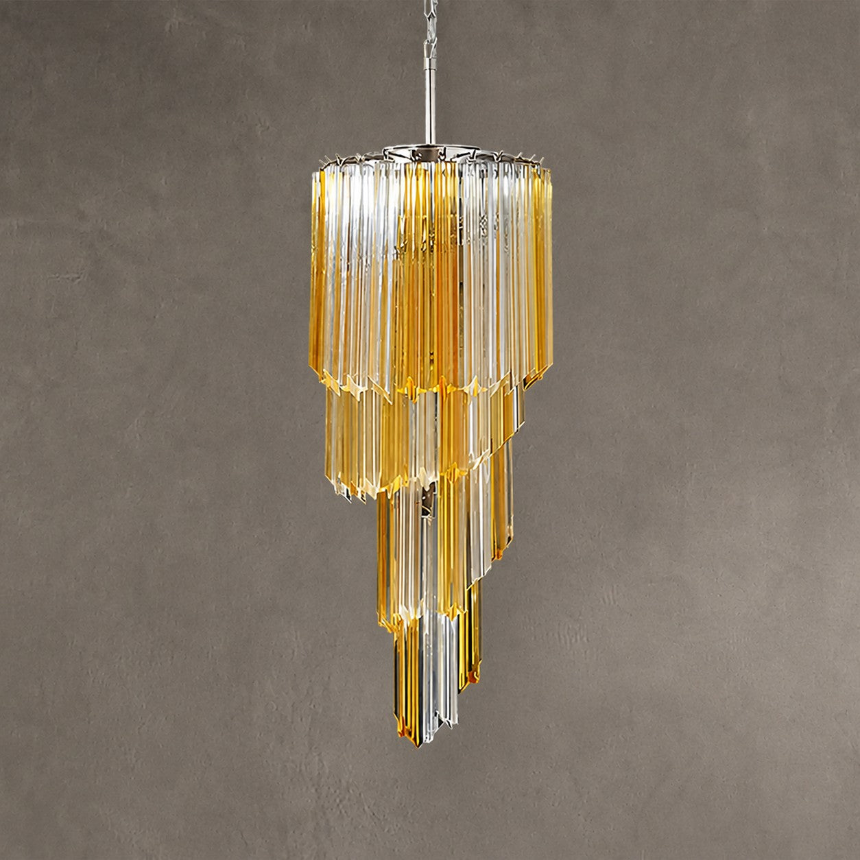 Chandelier Spiral Prism Glass Hand-Cut Faceted Prisms Nickel Frame Pink Amber