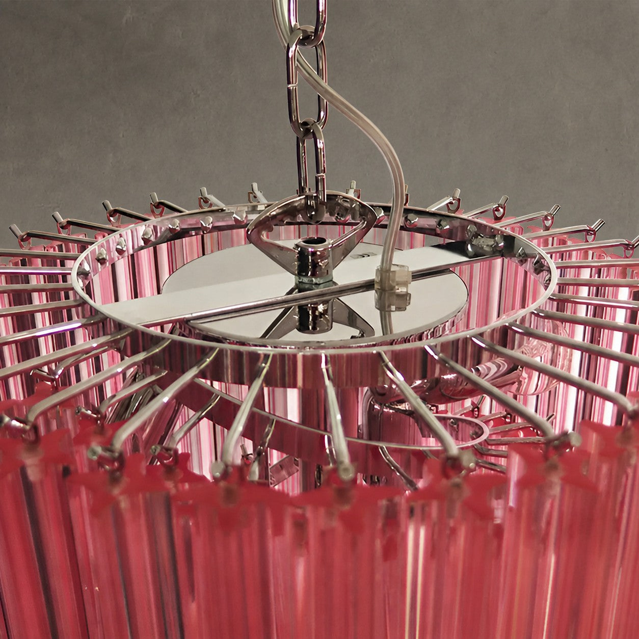 Chandelier Spiral Prism Glass Hand-Cut Faceted Prisms Nickel Frame Pink Amber