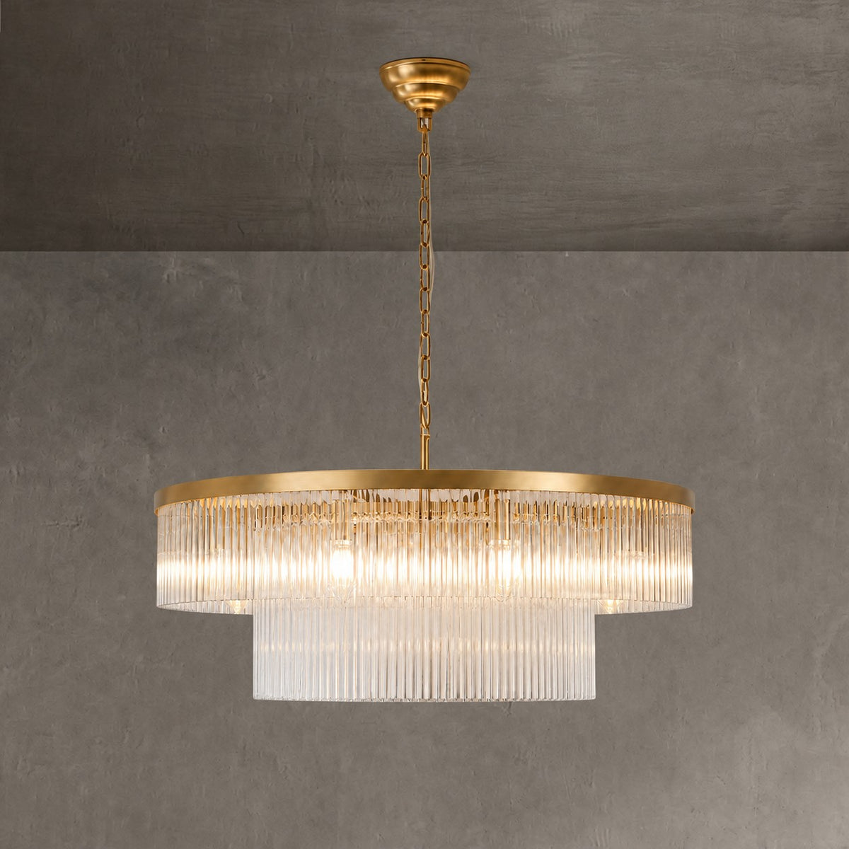 Two-Tier Striped Column Round Pendant D800 - Gold
