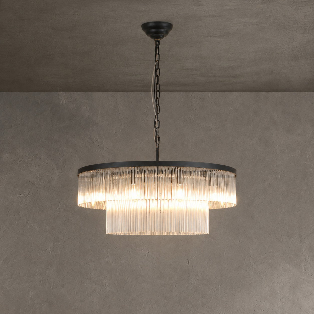 Two-Tier Striped Column Round Pendant D800 - Black