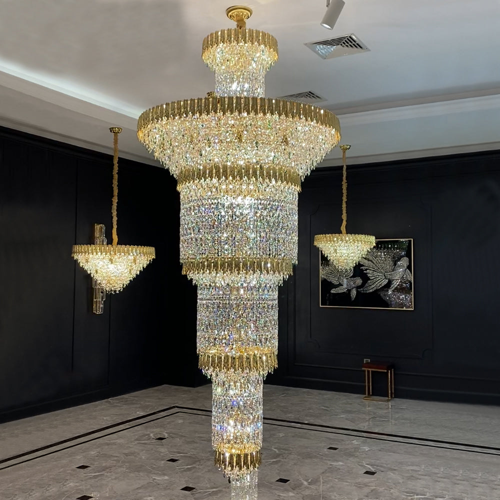 Valley Lamps Oversized Luxury Gold Tiered Designer Crystal Chandelier For Large Hallway/Foyer/Entryway - Image 1