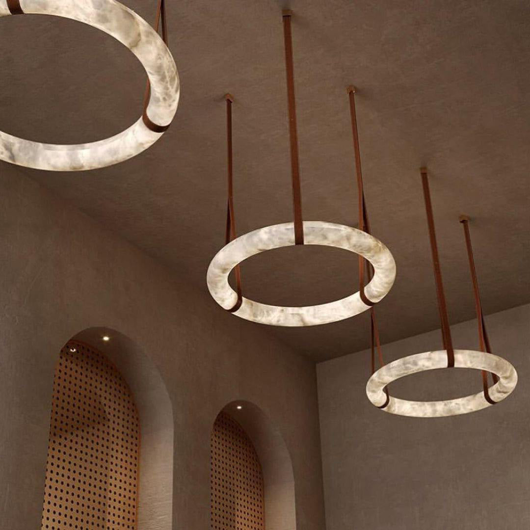 Annie Alabaster Pendant, Modern Chandelier with Leather Hook