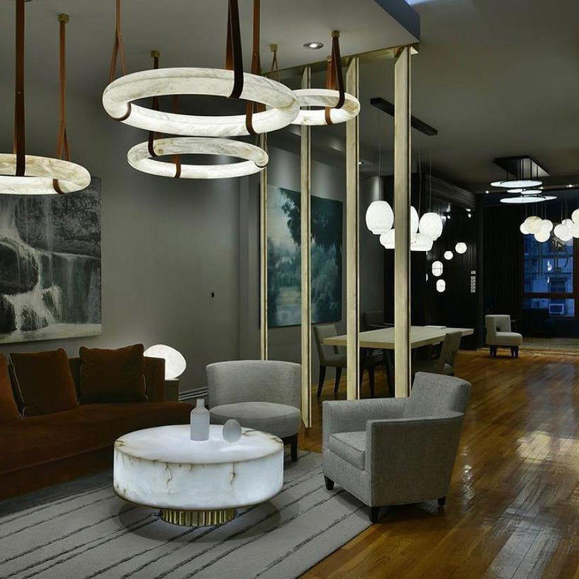 Annie Alabaster Pendant, Modern Chandelier with Leather Hook