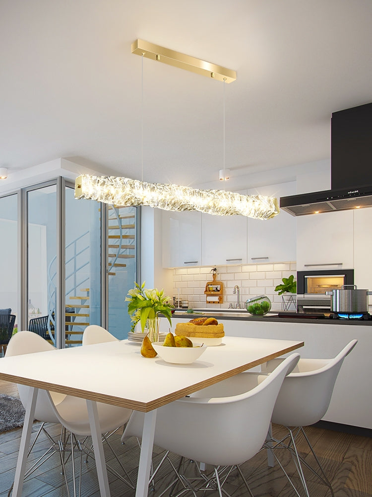 New Nordic Light Luxury Rectangle Brass and Crystal Pendant for Dining Room/Kitchen Island