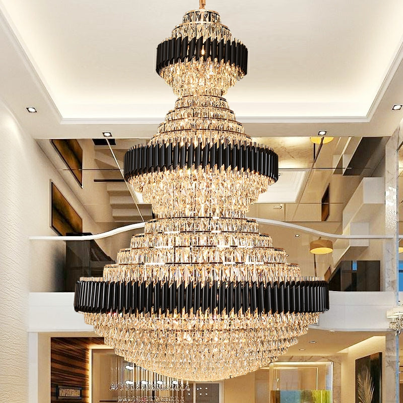 Modern Black Iron Crystal Chandelier For Foyer Staircase Luxurious Des