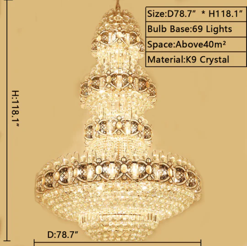 Oversized Luxury Multi-layers Gold Crystal Chandelier For High-ceiling Living Room/Foyer