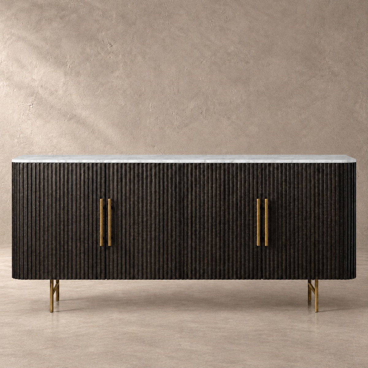 Reeded Wood and Stone Top Credenza