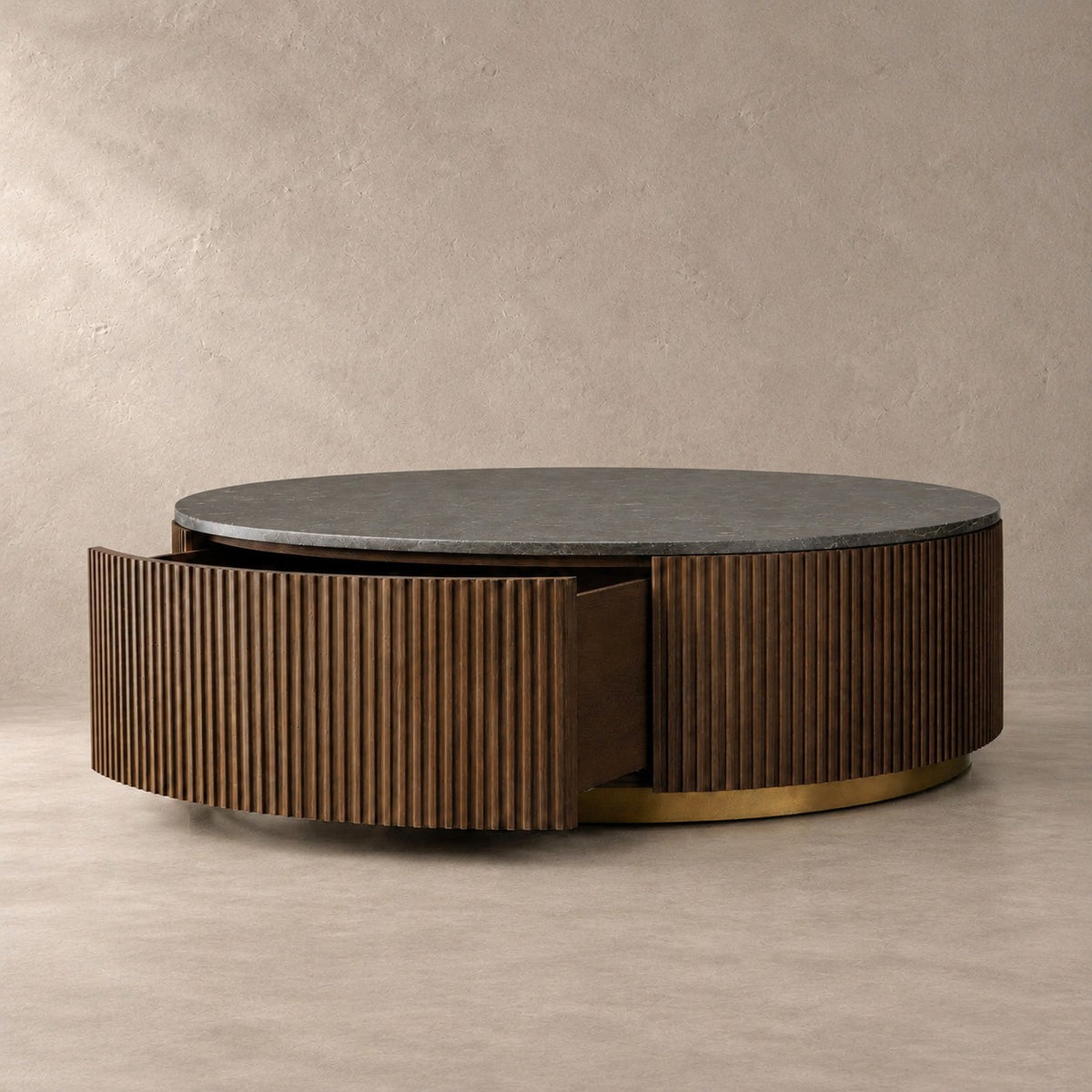 Reeded Oak Round Storage Coffee Table