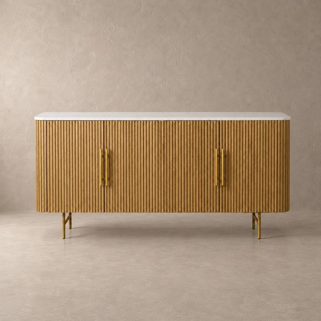 Reeded Wood and Stone Top Credenza
