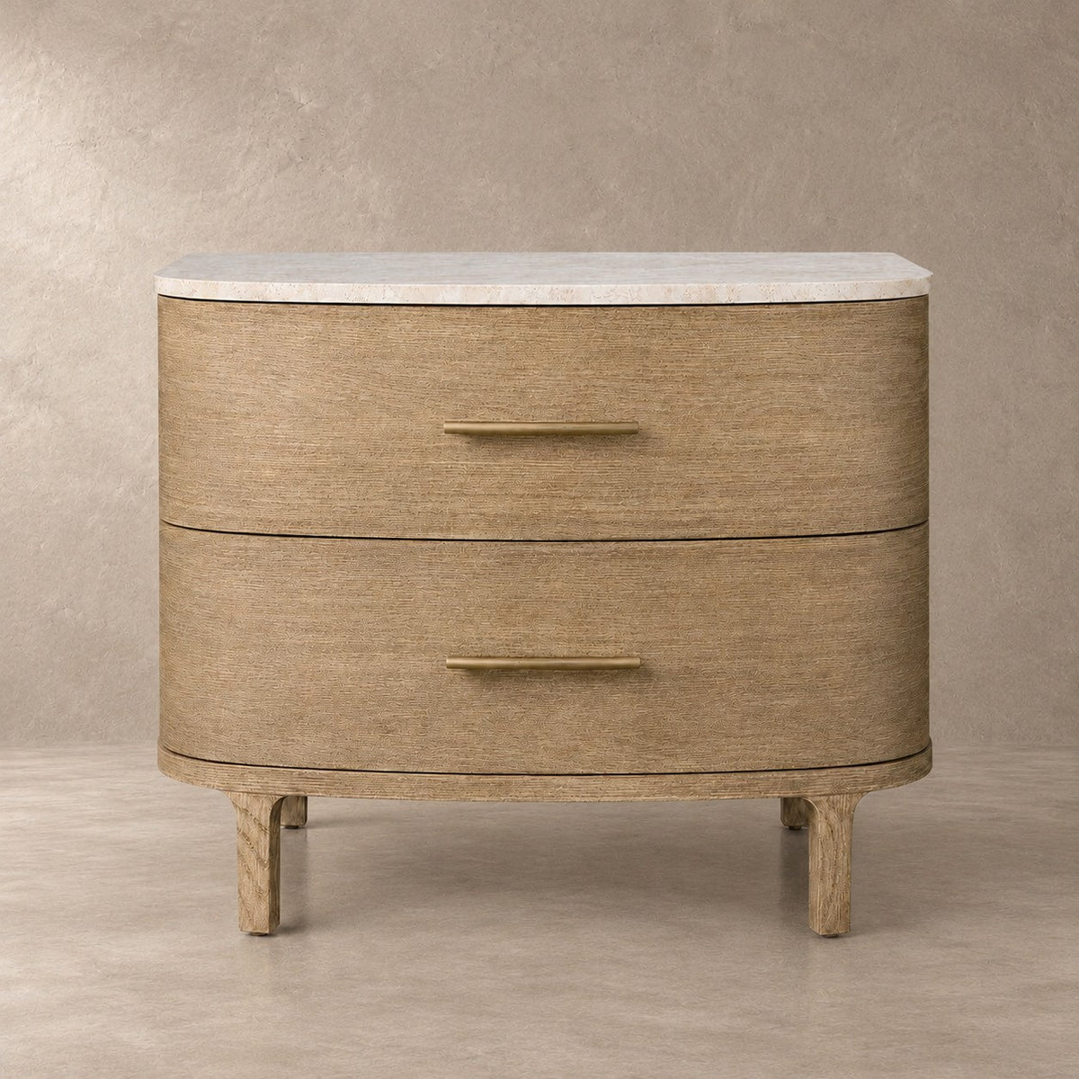 Two-Drawer Marble Top Bedside Table With Brass Pulls