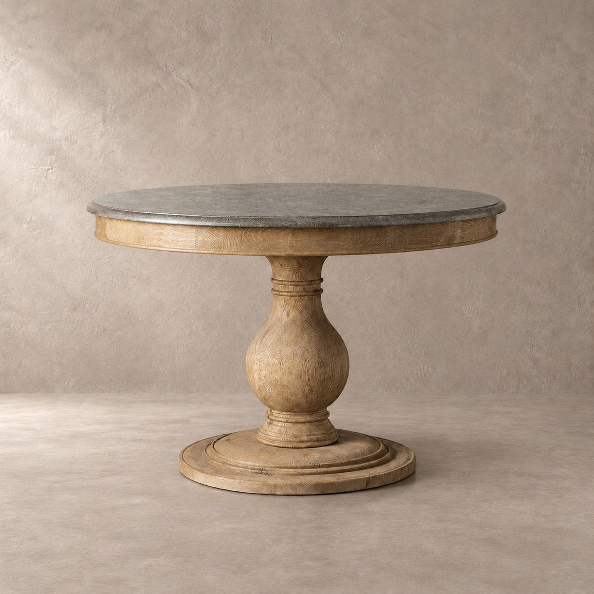 Sculpted Pine Base Round Marble Dining Table