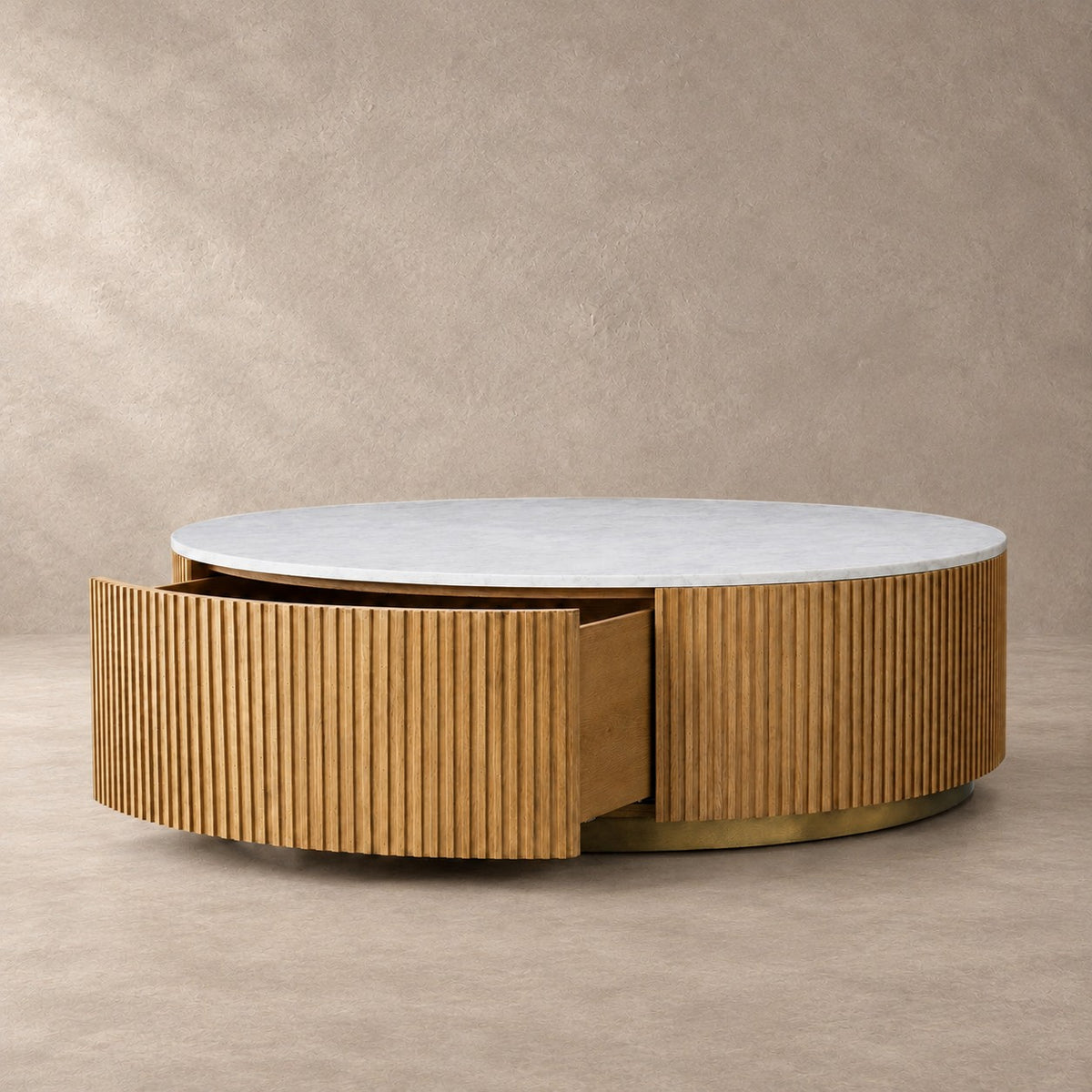 Reeded Oak Round Storage Coffee Table