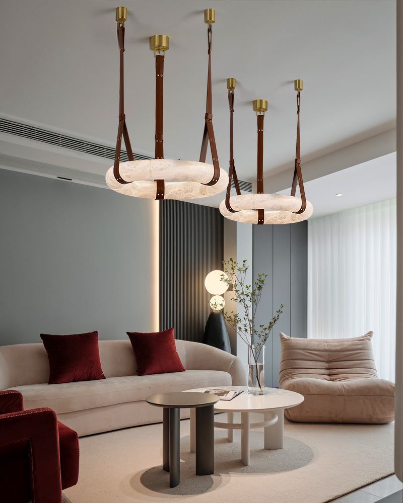 Oval Alabaster LED Large Pendant lamp with adjustable leather, Dia 16/24"