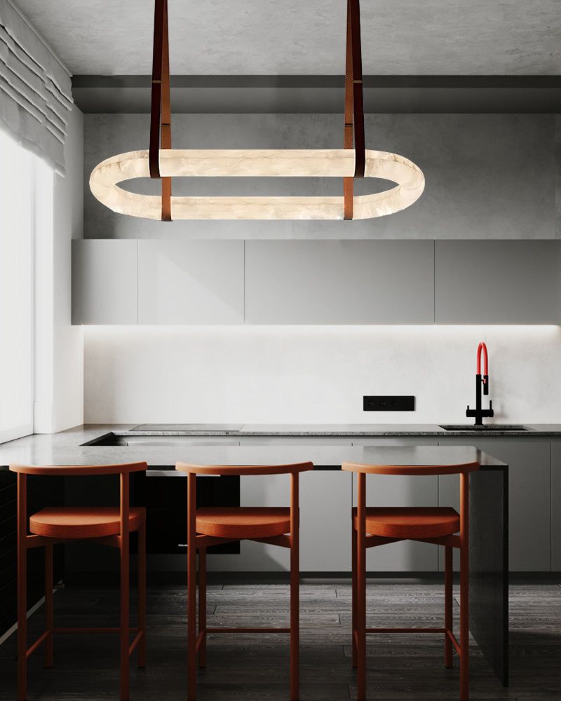Oval Alabaster LED Large Pendant lamp with adjustable leather, Dia 16/24"