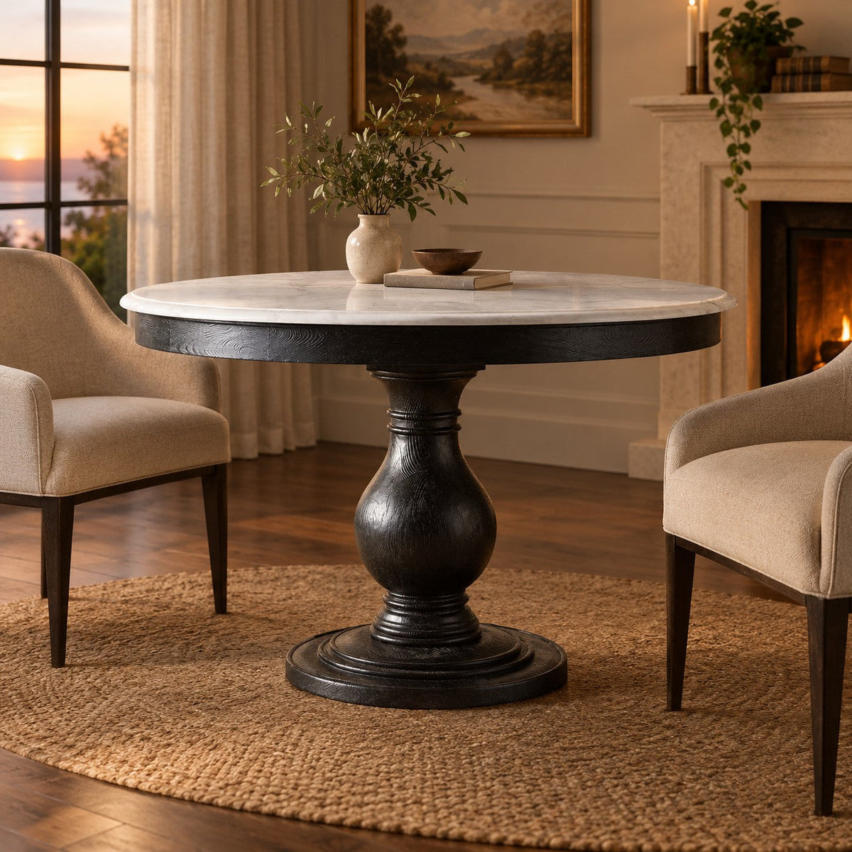 Sculpted Pine Base Round Marble Dining Table