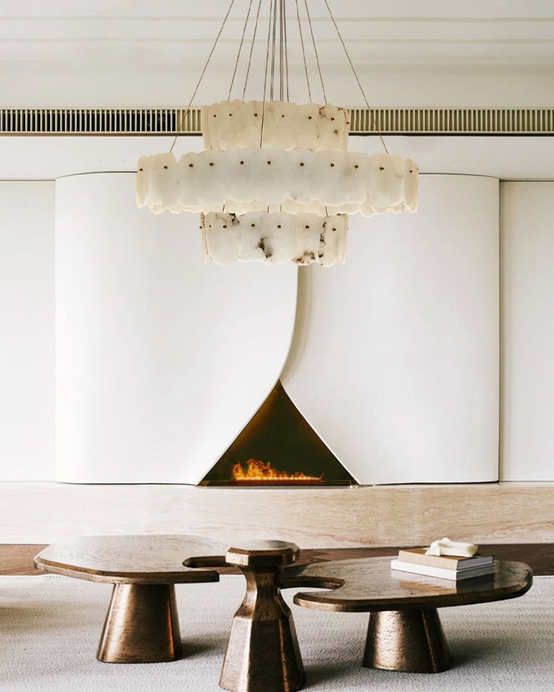 3-Tier Stairwell Alabaster Disk Chandelier with Long Cord