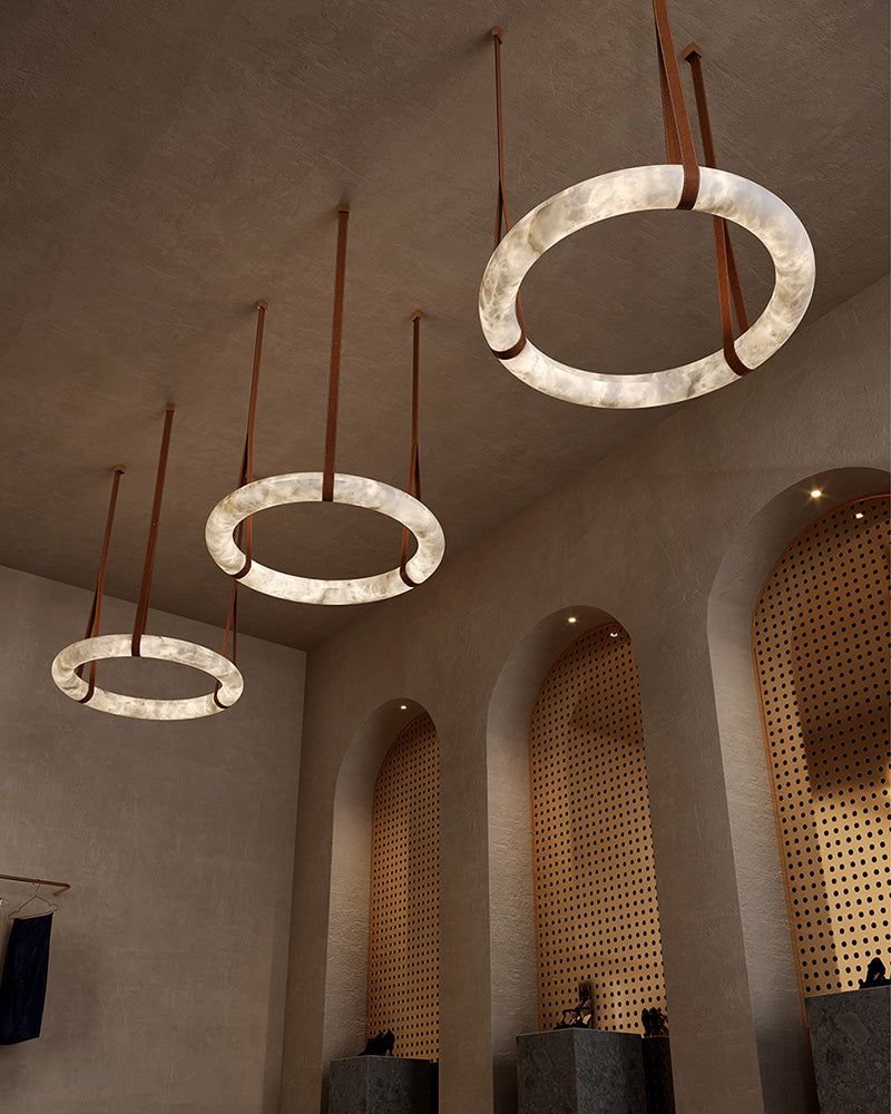 Oval Alabaster LED Large Pendant lamp with adjustable leather, Dia 16/24"