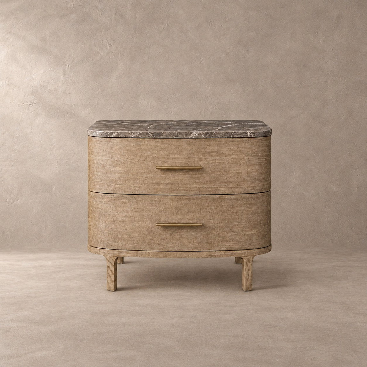Two-Drawer Marble Top Bedside Table With Brass Pulls