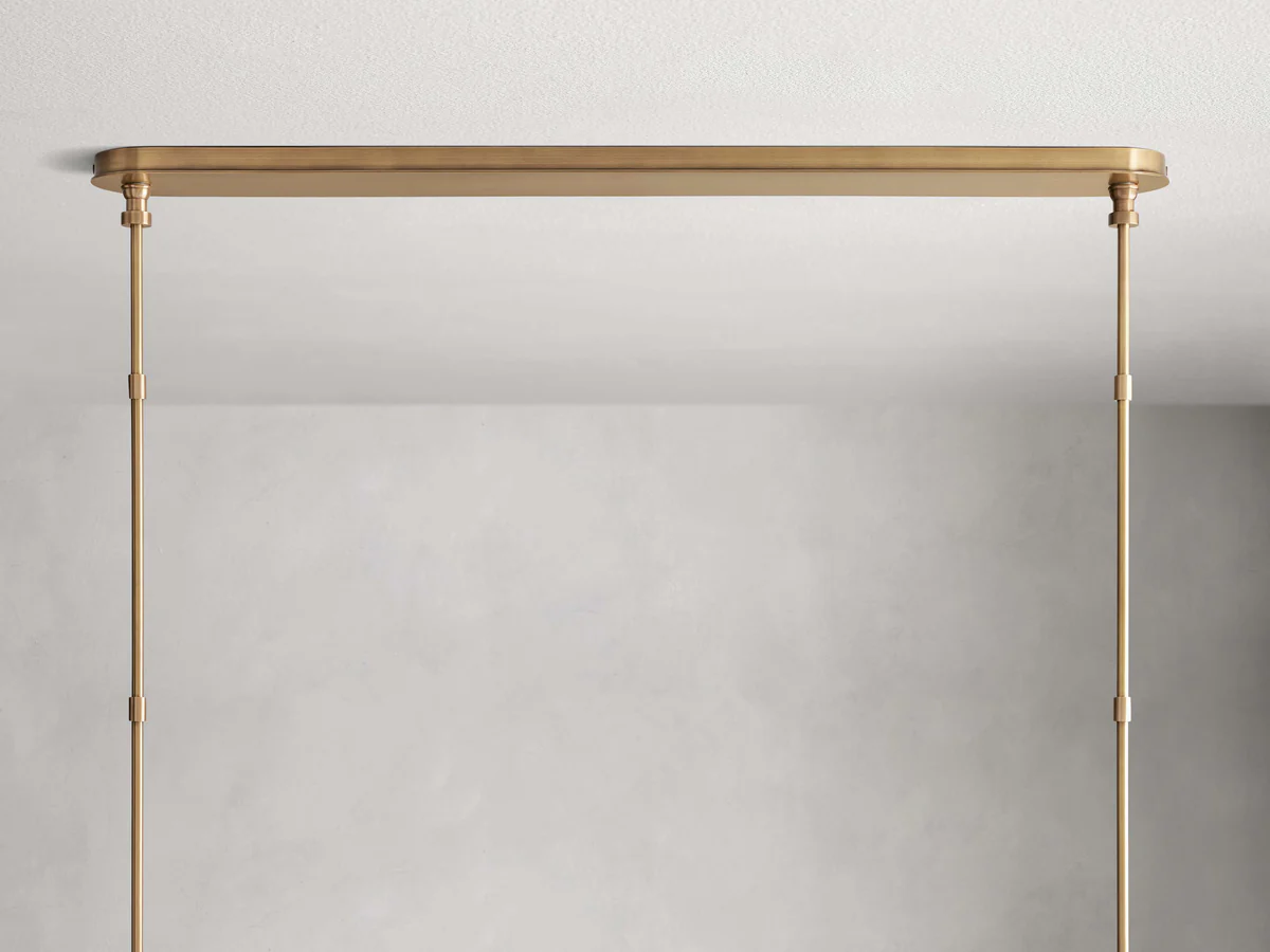 Hastings Linear Brass & Leather Mid-Century 6-10 Light Chandelier