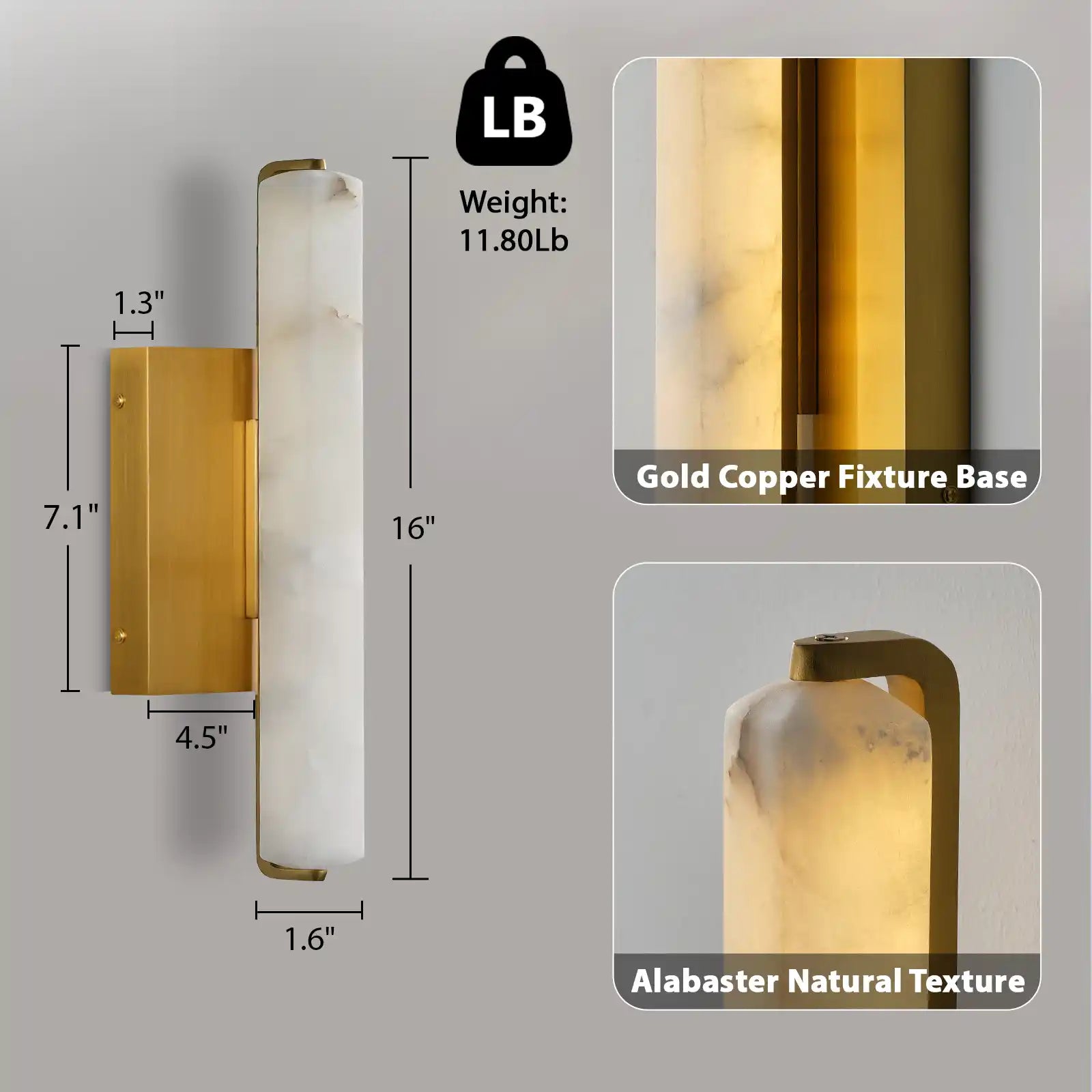 15" Brass Alabaster Wall Sconce – Modern Rectangular Marble Light