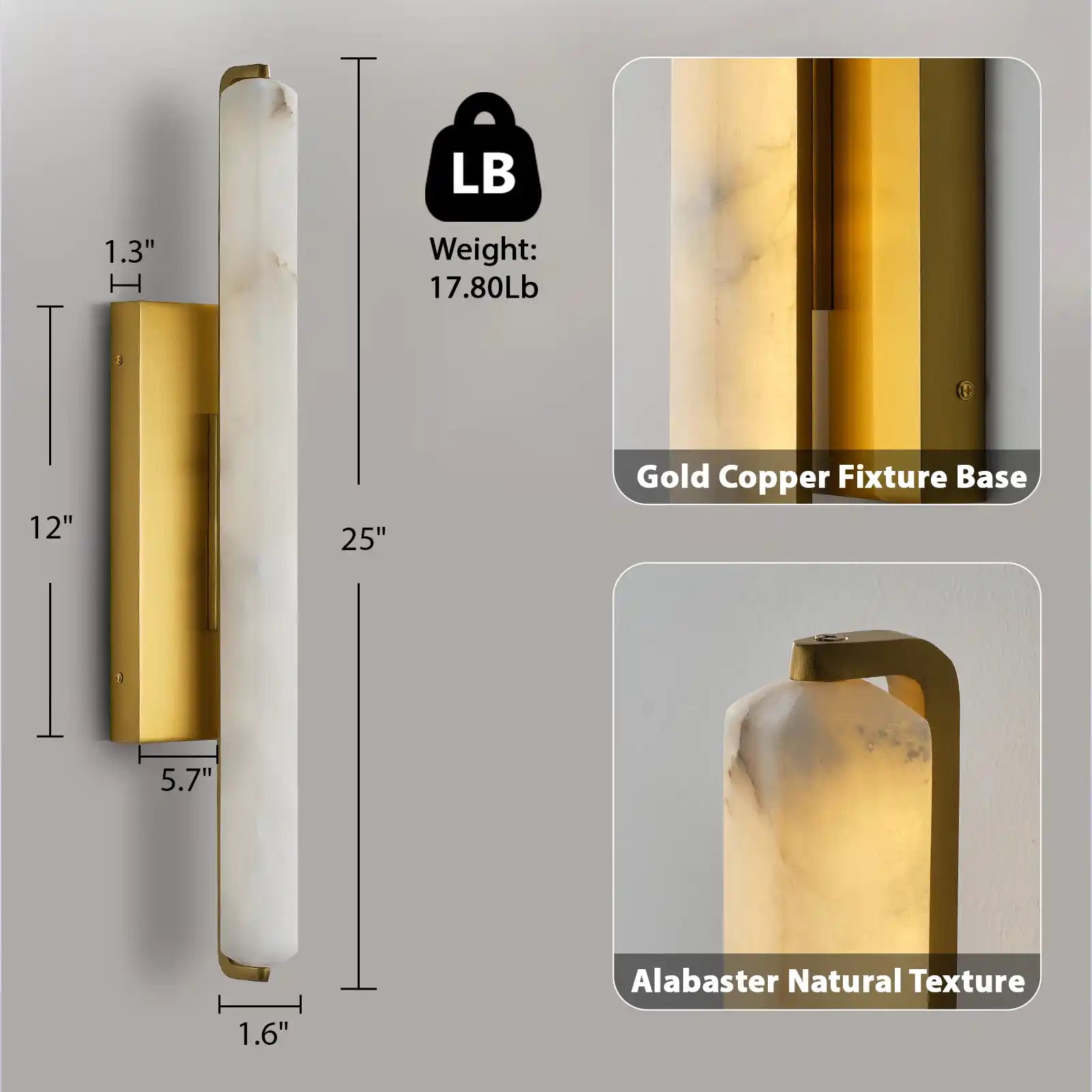 15" Brass Alabaster Wall Sconce – Modern Rectangular Marble Light